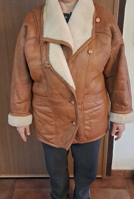 дамско палто кожух, естествена телешка кожа, кафяво супер