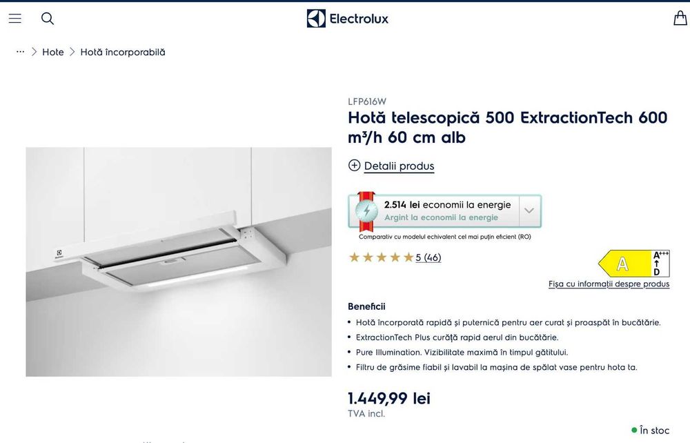 Hotă Electrolux 60cm, albă, nefolosită, cu factură