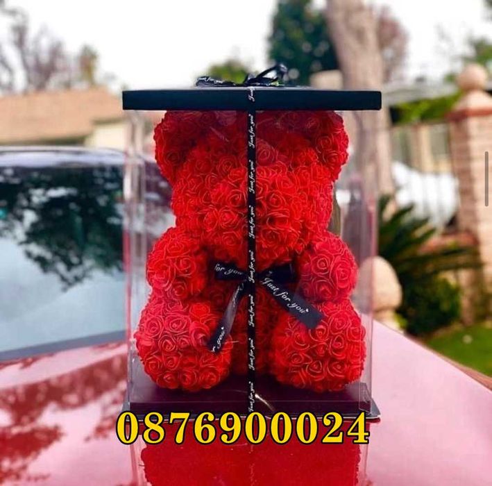 ПРОМО! ЛУКСОЗНО Мече от вечни рози Подарък за Свети Валентин 2 РАЗМЕРА