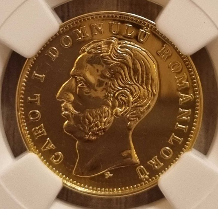 Moneda aur 20 lei 1868 pol Carol I replica BNR 2005 gradata NGC PF 63