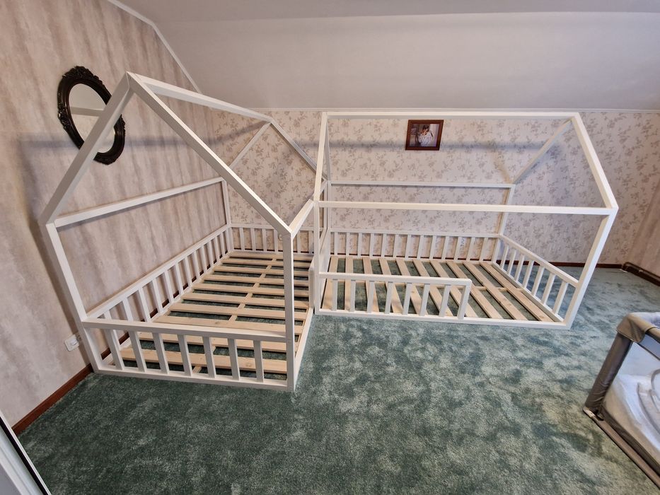 Pat casuta Montessori, pat dublu, pat copii, pat gemeni, mobila copii