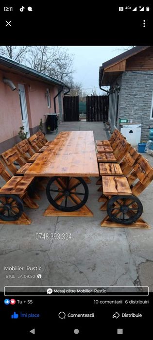 Balansoar  lemn masiv cu 2 leagăne,  set masa cu băncuțe  rustice