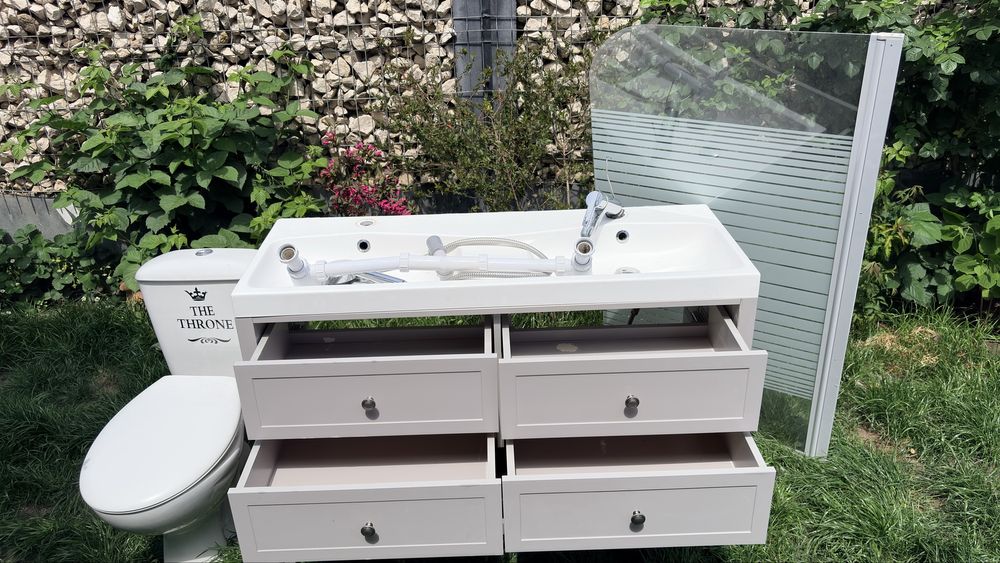 Set mobilier chiuveta dubla, wc, sticla paravan, baterie