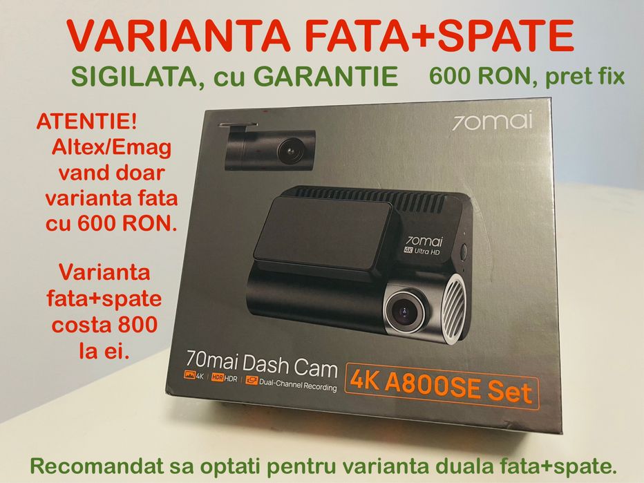 Camera Auto Duala, XIAOMI 70MAI A800SE Dashcam, 4K, GARANTIE, SIGILATA