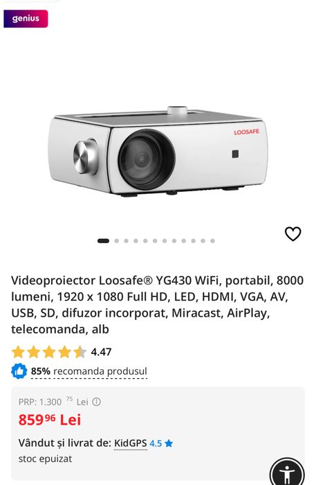 Videoproiector portabil 8000 lumeni, full HD, LED, HDMI, VGA, AV, USB