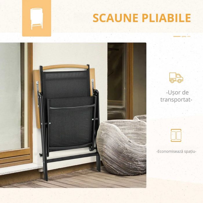 Outsunny Set Mobilier de Gradina si Terasa, 7 Piese, Masa cu Blat din Sticla si 6 Scaune Pliabile, Reglabile din Textilena, Rezistent la Intemperii