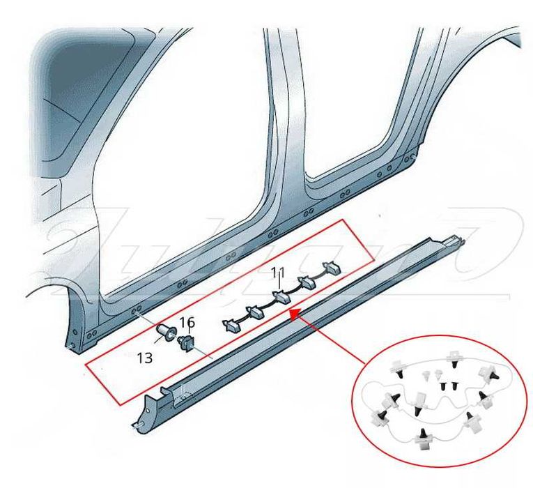 Комплект щипки (крепежи, клипсове, копки) за праг за VW PASSAT B7