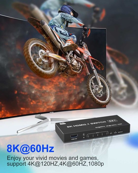 HDMI Splitter 8K 120Hz 5 in 1 cu telecomandă și suport HDR