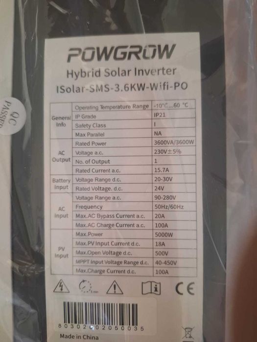 Invertor solar hibrid 3,6 - 6,5 KW. Nou.