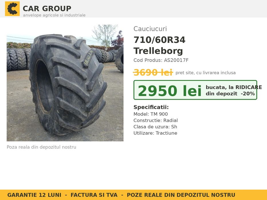 Anvelope Cauciucuri 710/60R34 710/60 R34 710/60-34 7106034 Trelleborg Tractor Punte Spate Utilaje Agricole SH Second Hand GARANTIE Garantie 1 An