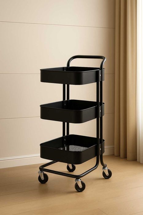 Этажерка на колесах 3-х ярусная черная, прочная и вместительная