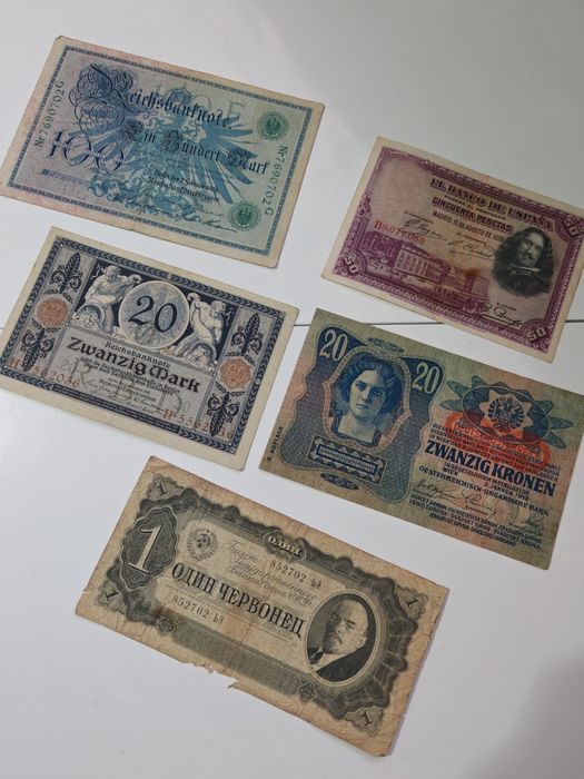 Lot 5 Bancnote Vechi Rare (1908-1937) - Germania, Spania, Austro-Ungar