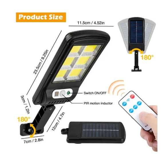 1200 W Водоустойчива улична соларна лампа с 3 режима, дистанционно, сензор за движение и фотоклетка