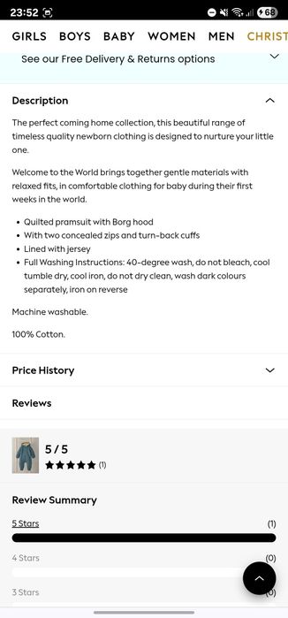 Combinezon gros NEXT 0-3 LUNI / Mamas&Papas Blue Quilted Cord Pramsuit