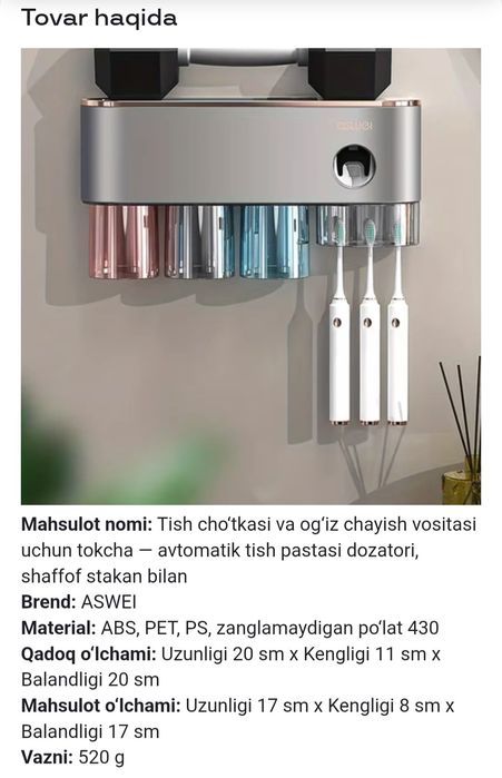 Mebel. Vanna. Tish pasta va sho‘tka devor organayzer/javon