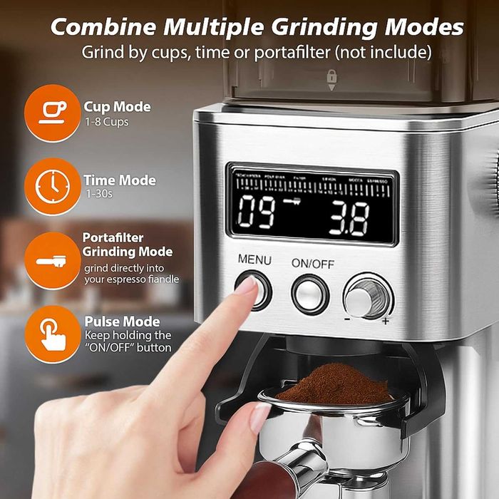 Râșniță de cafea electrică Homtone, râșniță de cafea din oțel inoxidabil cu afișaj LCD