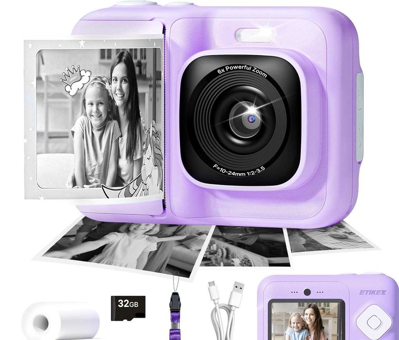 Camera Foto Instant Copii 1080P, Imprimare Termică + card 32GB, 2role