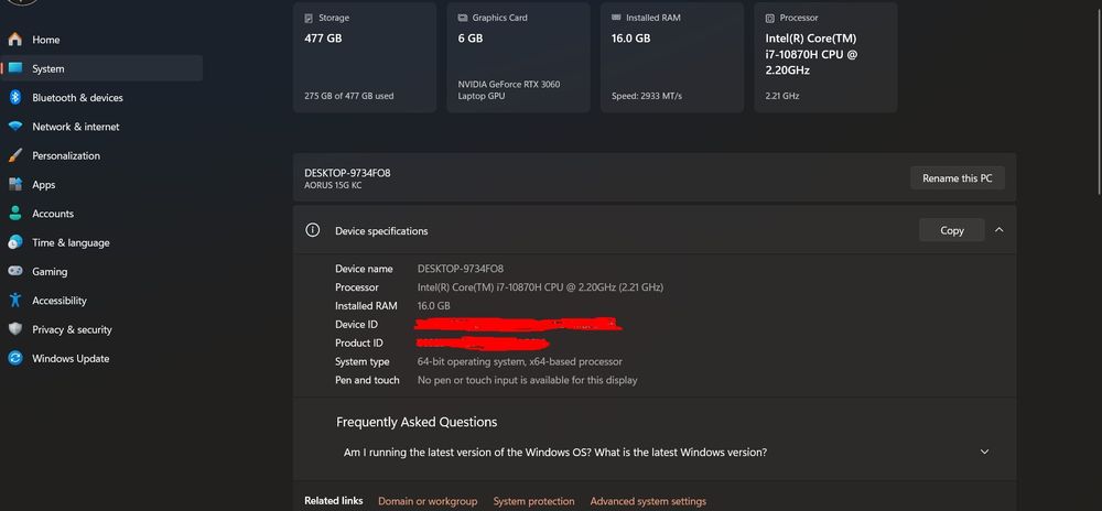 Laptop GIGABYTE 15.6 i7-10870H, Nvidia RTX3060 16GB RAM, 512GB SSD