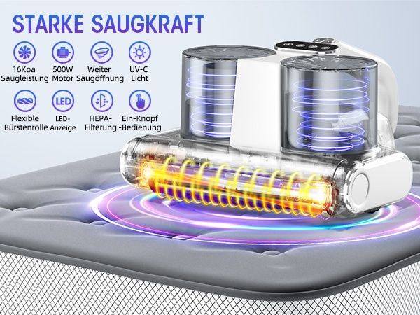 Прахосмукачка за матраци JPHYLL, 16KPa, UV-C светлина, HEPA филтър, 500W