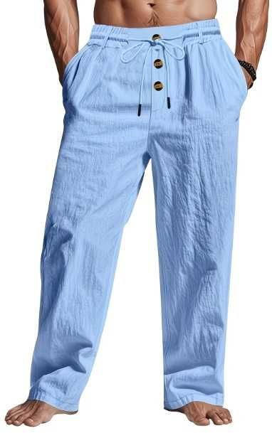 Pantaloni barbati lungi de vara din in 100% bleu L-XL noi