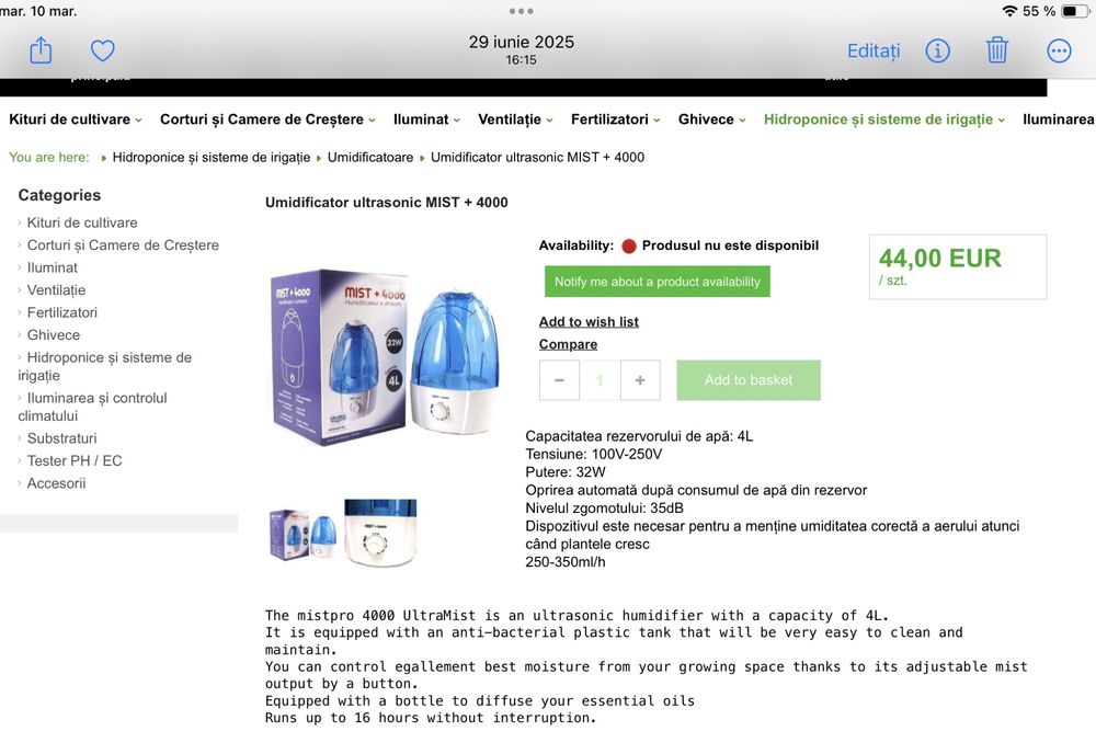 Umidificator aer cu ultrasunete, capacitate 4 l
