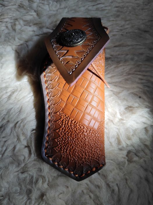 Cutit otel Damasc lama pliabila , tip briceag, teaca piele