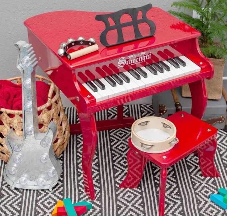 Pian pentru copii lemn scaun inclus 30 clape roz rosu alb negru