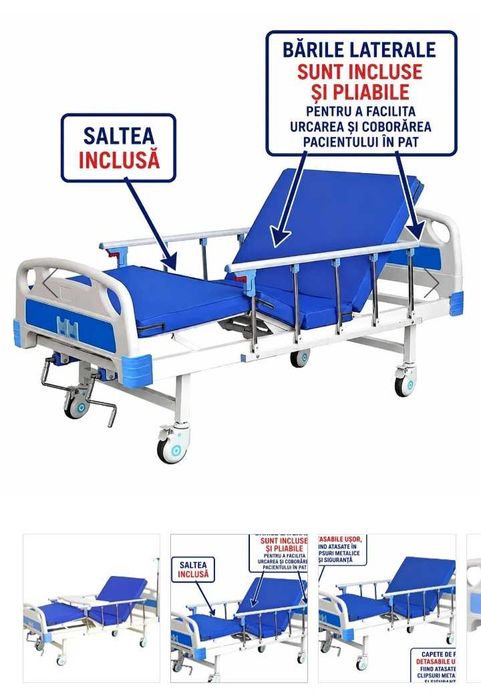 Pat de spital rabatabil profesional medical cu saltea,suport 200 kg, reglare spate și picioare, cu masuta si suport perfuzie - Dr.Denis