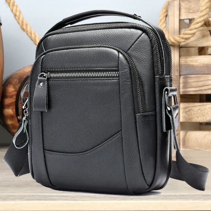 Мъжка обемна кожена чанта/Елегантна от черна естест. кожа -10%Промоция