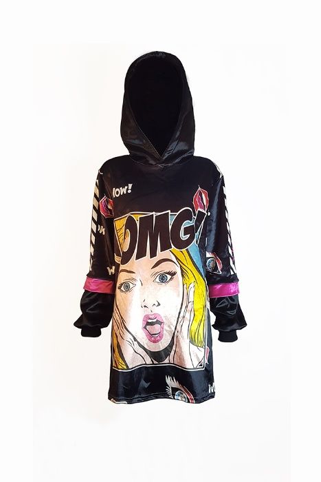 Hanorac Colorat Lung\ , Rochie cu gluga, din catifea, imprimeu desene