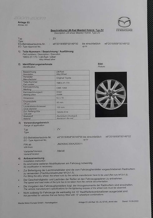 Vand set Jante aliaj MAZDA 2 Hybrid  + set senzori presiune roti