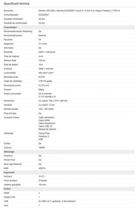 Monitor LED DELL Gaming S3220DGF Curbat 31.5 inch 4 ms  F-Sync2 165 Hz