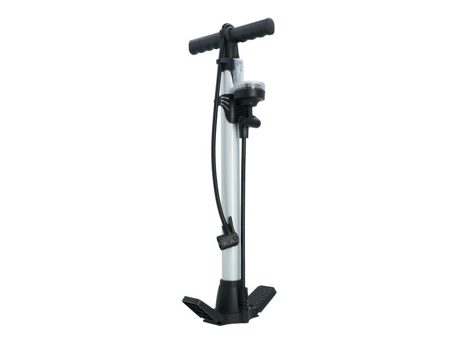 Pompa de podea pentru bicicleta Dresco cu manometru 11 Bar, cap dublu pentru valve Dunlop, Presta si Schrader, suporti rabatabili si adaptoare pentru