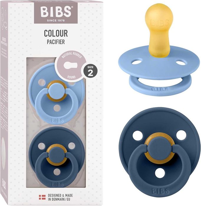 BIBS Colour Dummy – Комплект от 2 кръгли залъгалки, 6–18 месеца, Sky Blue / Steel Blue