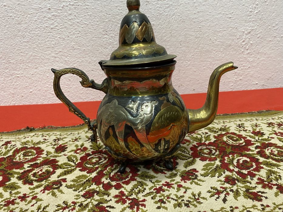 Месингов чайник Близък изток 1950 1970 ръчна украса птици