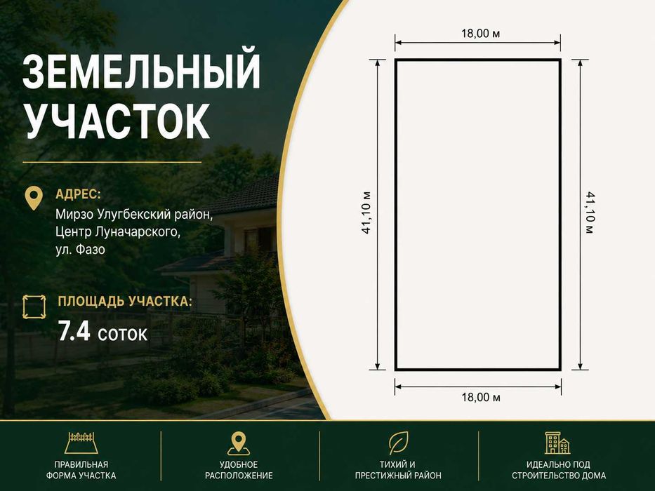 Участок 7.4 сотки 18×41 м — Центр Луначарского, ул. Фазо