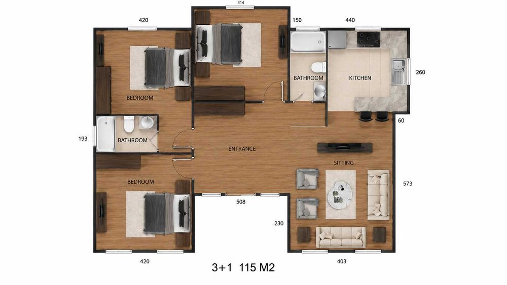 Сглобяема къща 3+1 115 м² 3 спални • 2 бани • Просторна дневна