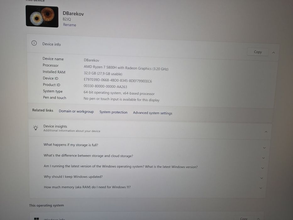 Лаптоп Lenovo Legion 16ACH6H RTX 3070 8 GB, 32GB RAM, 2 TB SSD, RYZEN 7 5800H.