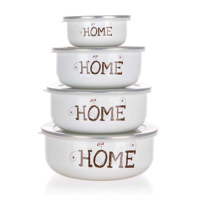 Oale emailate la set :8 piese(4 oale + 4 capace)600ml,900ml,1300ml,noi