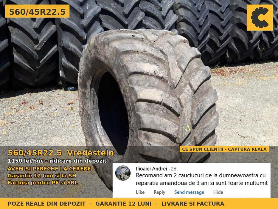 Cauciucuri Anvelope 560/45R22.5 560/45 R22.5 560/45-22.5 560 45 22.5 56045225 Vredestein Remorca Implement Flotatie SH Second Hand REDUCERE Oferta