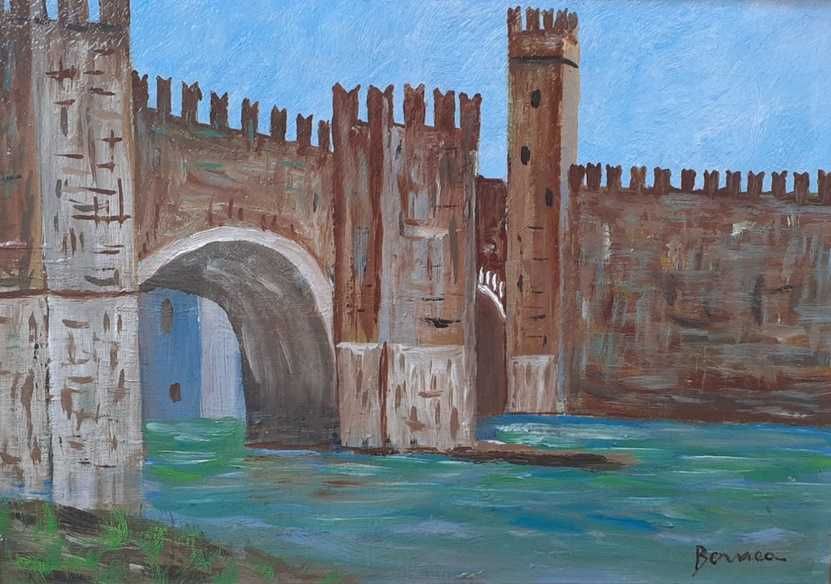 Tablou vechi - fortareata peste ape - semnat Bernea