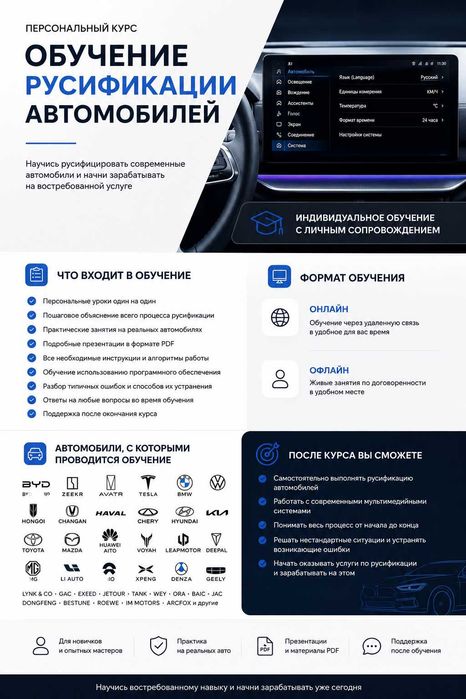 Обучение Русификации/курсы по Русификации авто Changan, BYD, Geely тд.