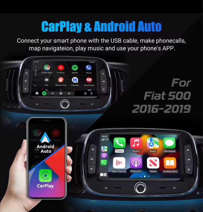 7" Fiat 500 16-19г Carplay android 14