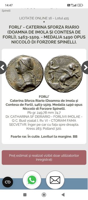 Medalie foarte rară Caterina Sforza,sec.XV,Niccolò di Forzore Spinelli
