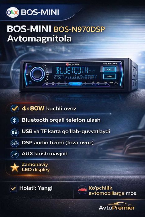 Magnitafon Bos-N970BT  Avtomagnitola – Bluetooth, DSP, 80W x4, USB
