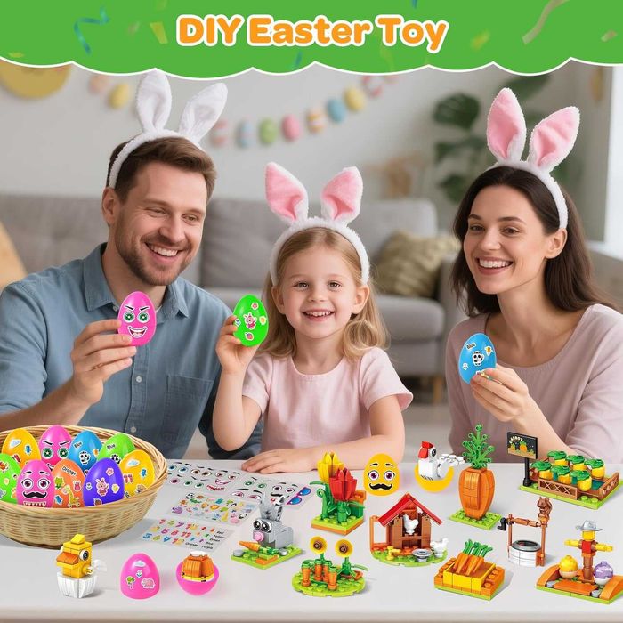 MOONTOY 12 великденски яйца,12 играчки-строителни блокчета и 4 стикера