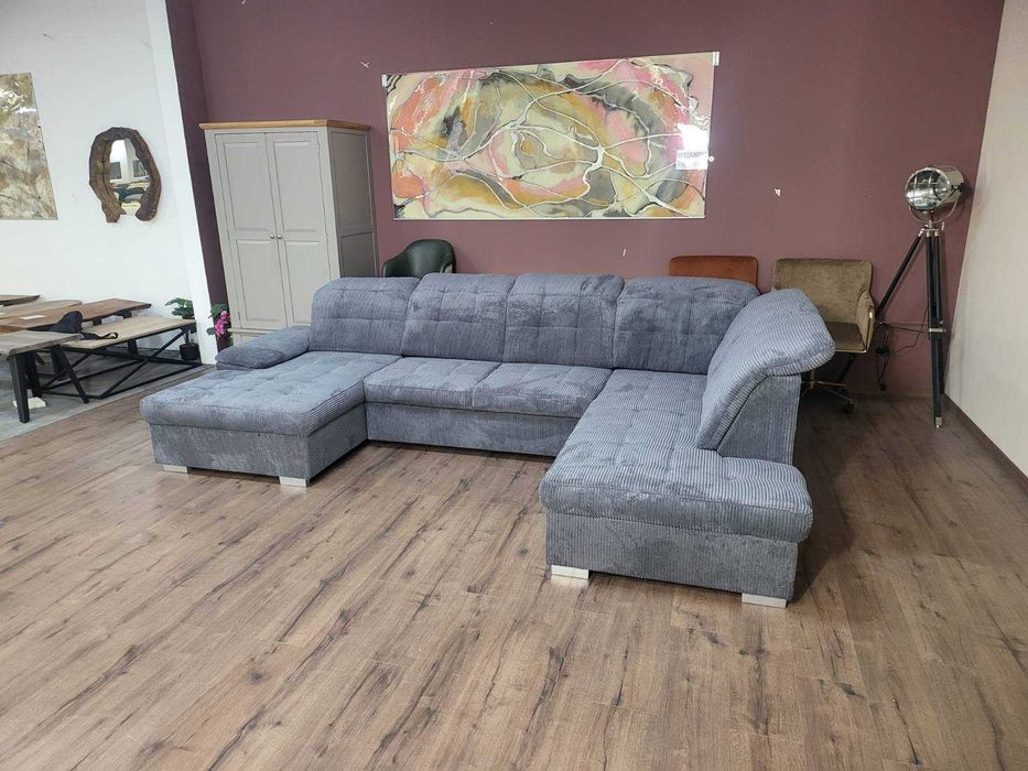 Сив П - образен ъглов диван от плат рипсено кадифе Nixon с функция сън