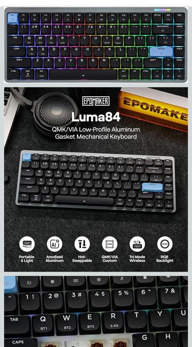 Tastatură mecanică EPOMAKER Luma84 din aluminiu cu profil redus, wireless , Bluetooth, iluminare RGB,comutatoare Gateron roșii