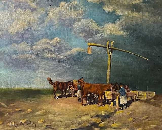 "CAI LA ADAPAT" -Tablou F Foarte VECHI, 90-100 ani, ulei/panza, semnat