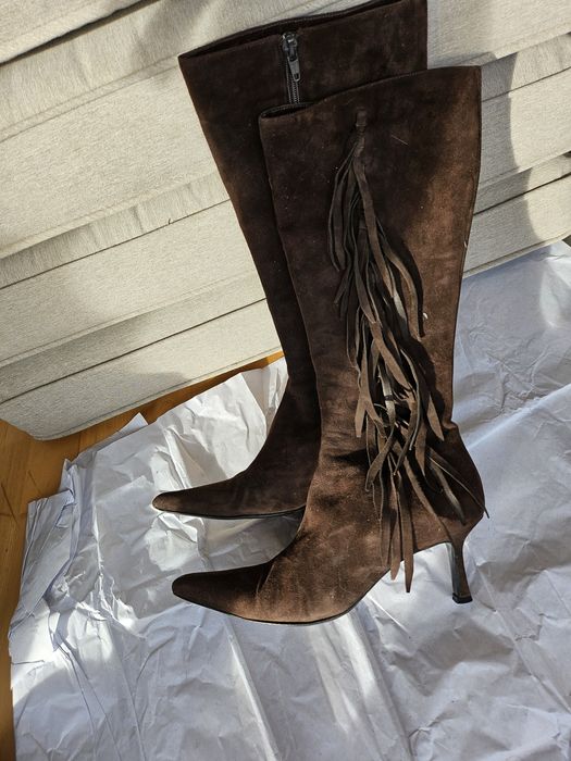 Cizme din piele naturala captusite cu piele, mar. 37, nubuc, franjuri